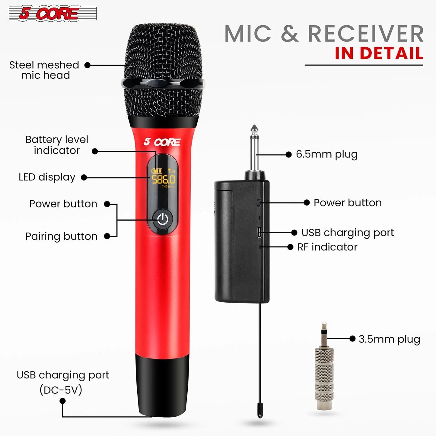 5Core UHF Wireless Handheld Microphone Pair - Cordless Red and Black Microphones