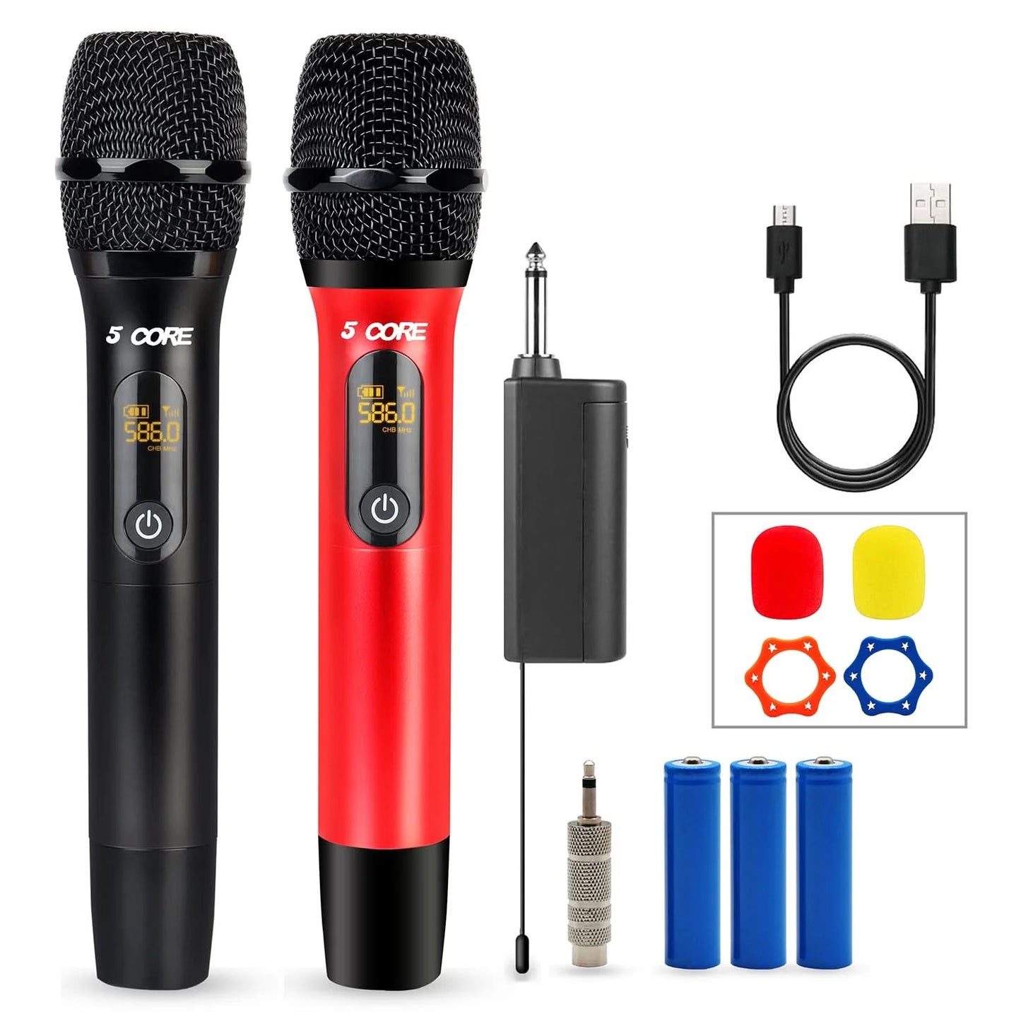 5Core UHF Wireless Handheld Microphone Pair - Cordless Red and Black Microphones