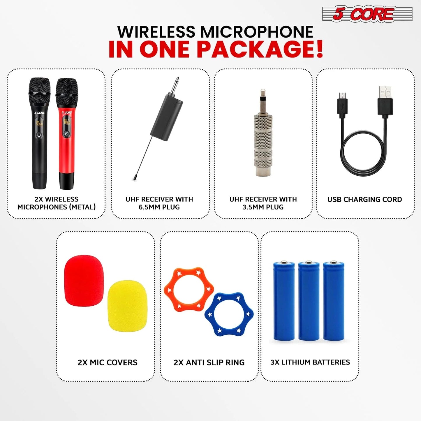 5Core UHF Wireless Handheld Microphone Pair - Cordless Red and Black Microphones