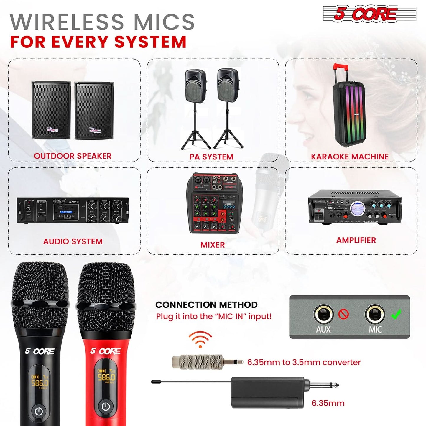 5Core UHF Wireless Handheld Microphone Pair - Cordless Red and Black Microphones