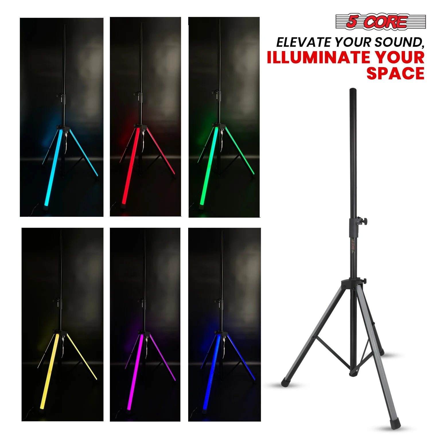 5Core Adjustable Tripod Speaker Stand with RGB Lights - 72 Inch DJ Studio Monitor Stands