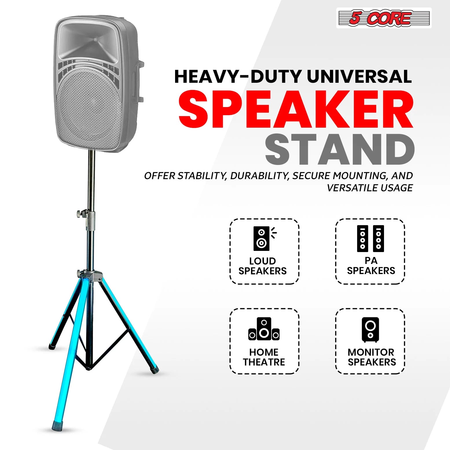 5Core Adjustable Tripod Speaker Stand with RGB Lights - 72 Inch DJ Studio Monitor Stands